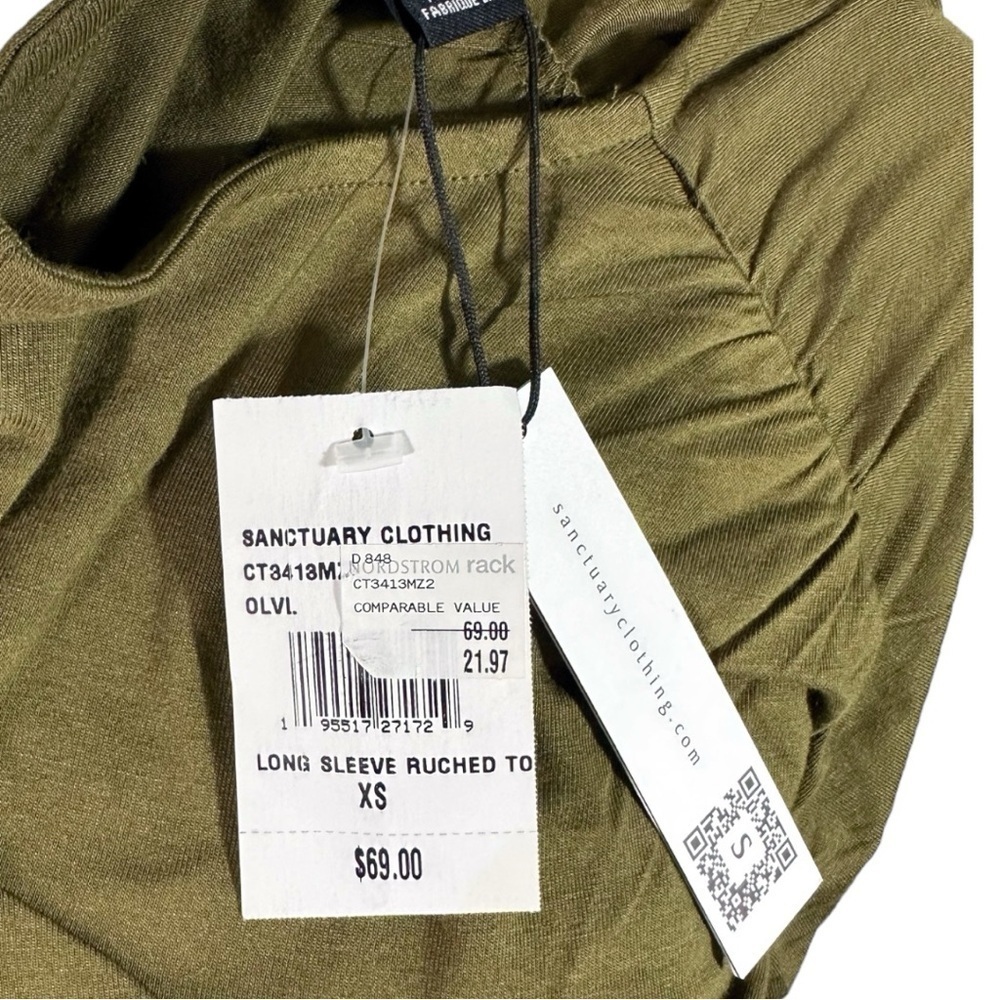 NWT Sanctuary - Moss Green Rouched Long Sleeve V neck Shirt- Size XS - Picture 6 of 6